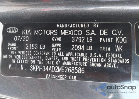 2021 Kia Forte Gt-Line z USA, uszkodzony, nr VIN 3KPF34AD2ME268586